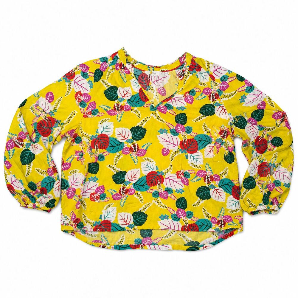 Boden Yellow Tropical Floral Cotton Peasant Blouse Top Womens US 8 UK 12